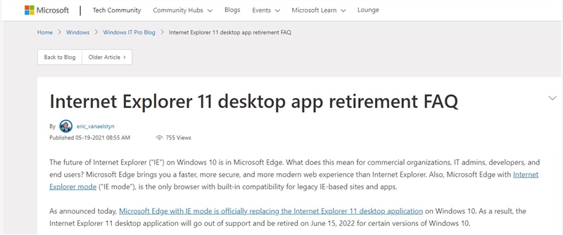 微软将于2022 年 6 月 15 日停止IE 浏览器啦
