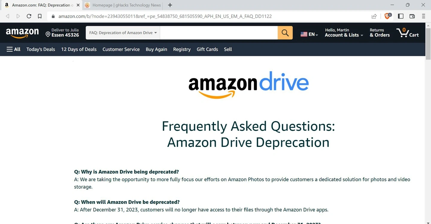 亚马逊免费云存储服务 Amazon Drive 明年正式关停
