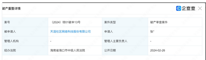 天涯社区被申请破产