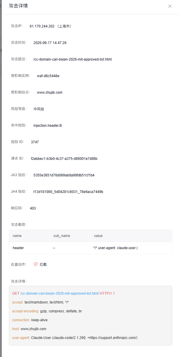 攻击详情:JA3/JA4指纹与完整请求头