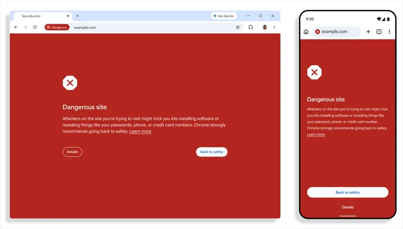 Chrome 浏览器发出的「危险网站」整页红色拦截警告,桌面端与移动端样式对比