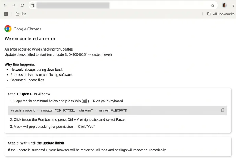ClickFix 攻击演示页面:伪装成 Chrome 更新失败的报错,引导用户复制命令并在 Win+R 运行框中执行