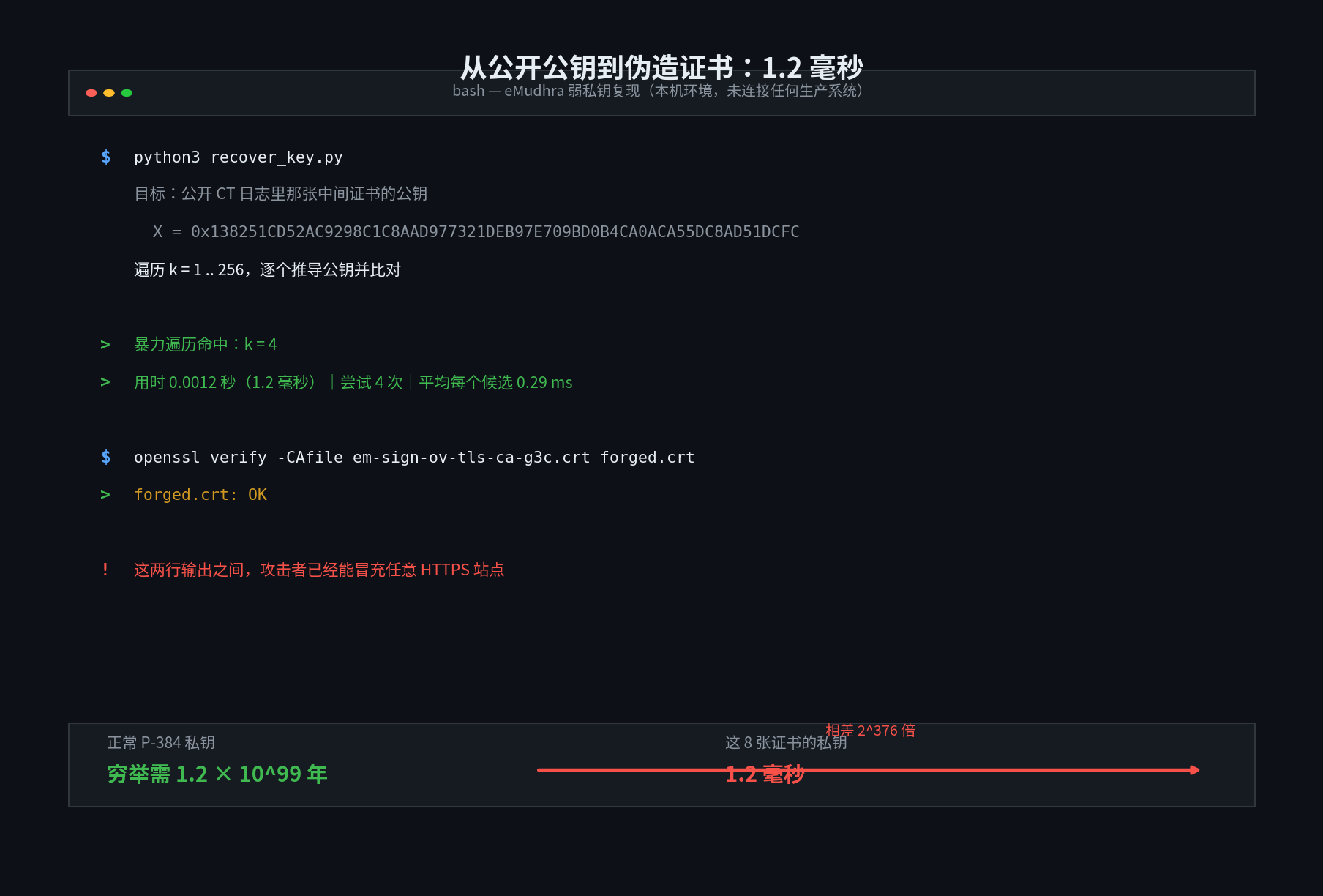 本机实测：用标量 4 推导 P-384 公钥耗时 0.016 秒，遍历 256 个候选值只用了 1.2 毫秒，第 4 次即命中；用还原出的私钥为 www.example.com 签发证书后，openssl verify 返回 OK