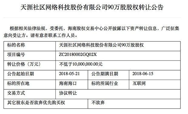 社区论坛的没落记：天涯社区股权转让公告传开了