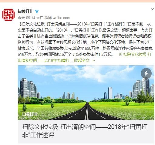 扫黄打非办:2018年查处关闭网站2.6万个
