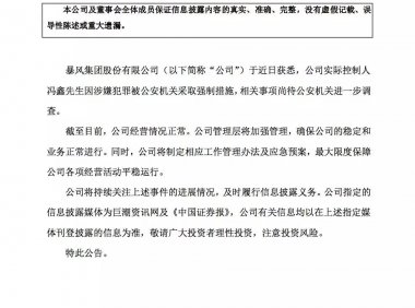 暴风控制人冯鑫「因涉嫌犯罪」被公安机关采取强制措施
