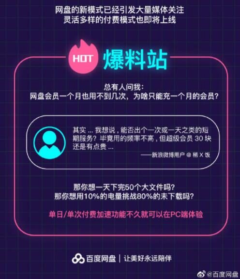 百度网盘：PC版将推出单日/单次付费加速功能