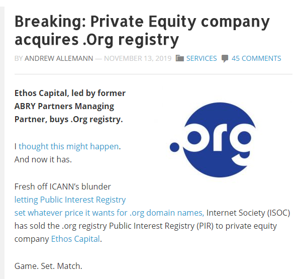 org域名出售给营利机构维护 或将至价格上涨