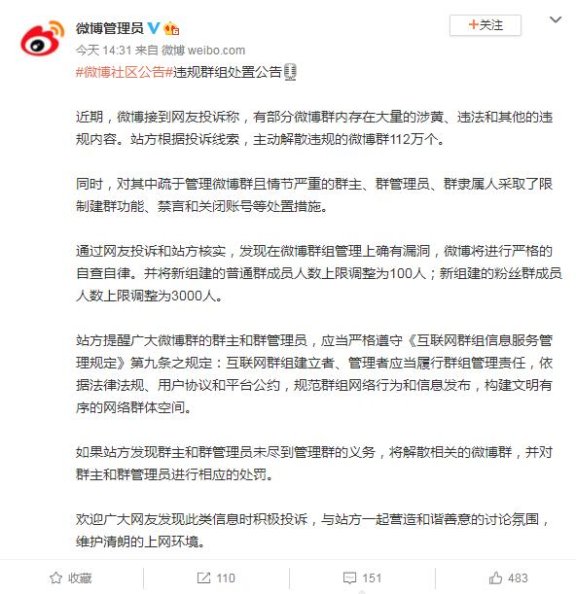 微博解散112万个涉黄违规群 并将新建普通群人数调为100人
