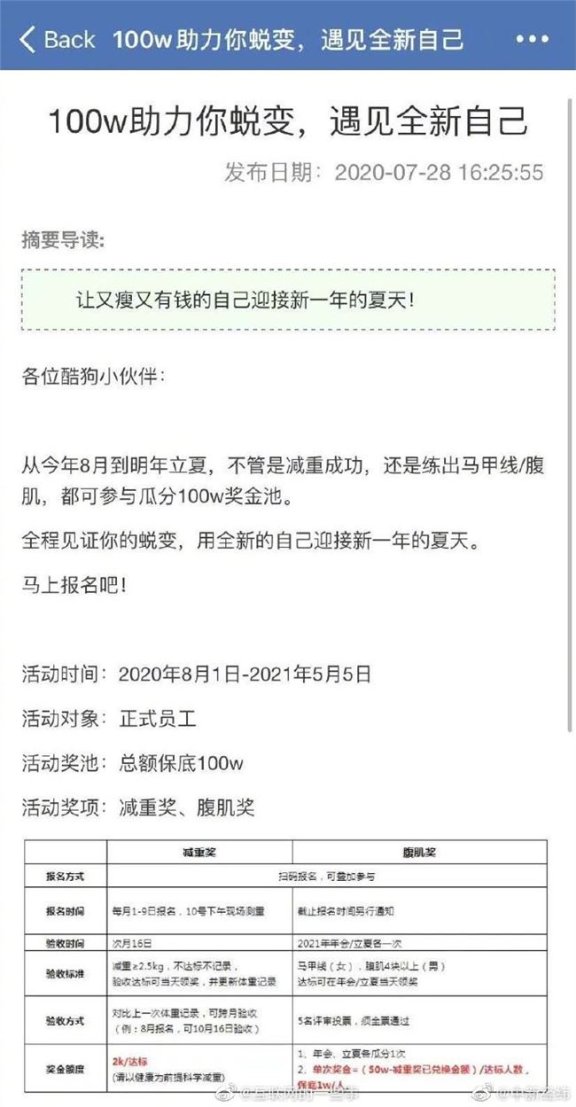 公司肥宅太多了吗？酷狗发布全员减肥计划：瘦5斤奖励两千 腹肌马甲线最少一万