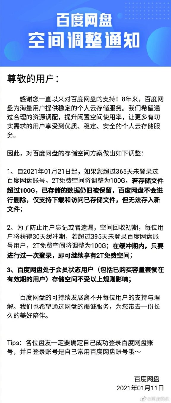 百度网盘:超一年未登录2T免费空间将调整为100G