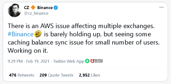 AWS(日本)故障影响多家加密货币交易所!