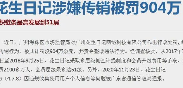 花生日记再次因涉及传销被罚款904万