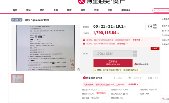 gou.com域名破产拍卖，曾二拍无人问津