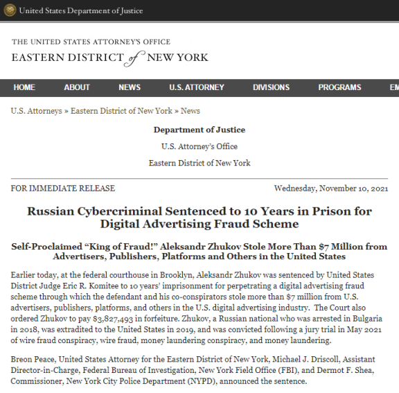 网络广告点击刷量非法牟利700万美元 获刑十年