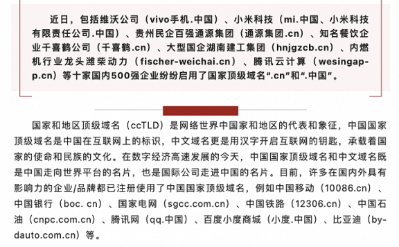 腾讯云、vivo、小米等十家企业启用“.CN”“.中国”域名￼