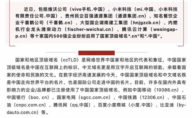 腾讯云、vivo、小米等十家企业启用“.CN”“.中国”域名