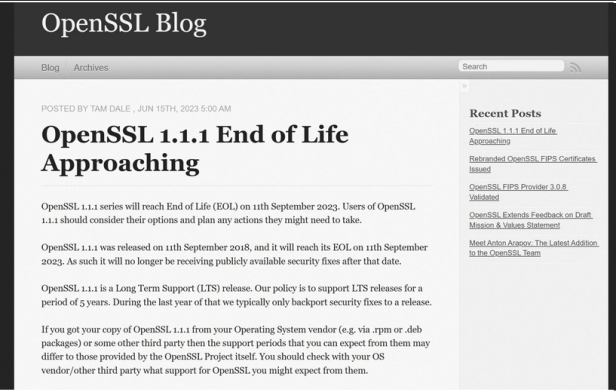 OpenSSL 1.1.1 生命周期将在 9 月 11 日结束,要尽快升级