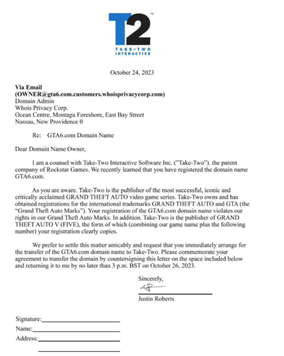 强抢域名?Take-Two 要求持有人 10 月 26 日前转让GTA6.com 域名