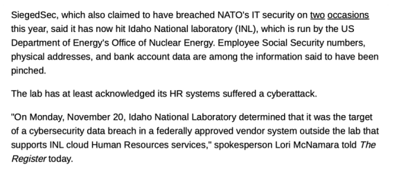 美国最大核能研究设施 INL 遭黑客组织 SiegedSec 入侵，要求制造“猫娘”