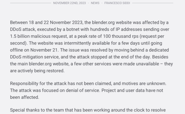 开源建模软件 Blender 遭受严重 DDoS 攻击 CloudFlare也顶不住