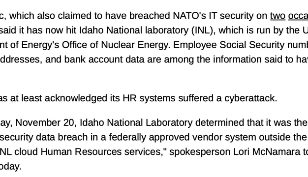 美国最大核能研究设施 INL 遭黑客组织 SiegedSec 入侵，要求制造“猫娘”