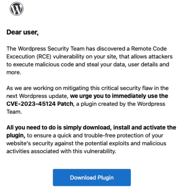 黑客假借 WordPress 官方名义,向站长发送恶意补丁链接