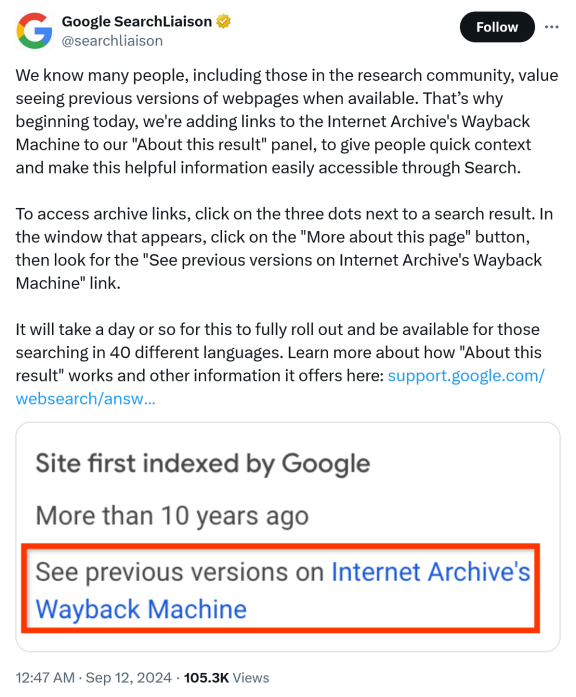 谷歌搜索“关于此结果”新增互联网档案馆网页缓存链接，替代原网页缓存功能