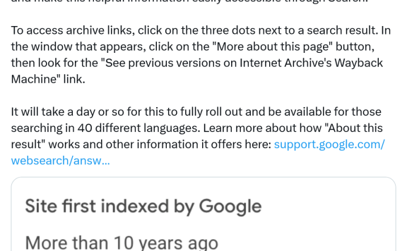 谷歌搜索“关于此结果”新增互联网档案馆网页缓存链接,替代原网页缓存功能