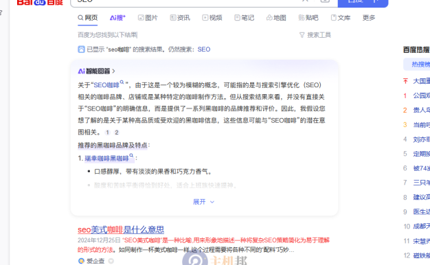 百度搜索可能被AI玩坏了,搜SEO展示SEO咖啡