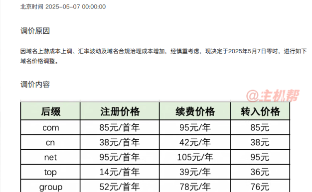 com域名今年又涨价！net域名续费突破105元/年