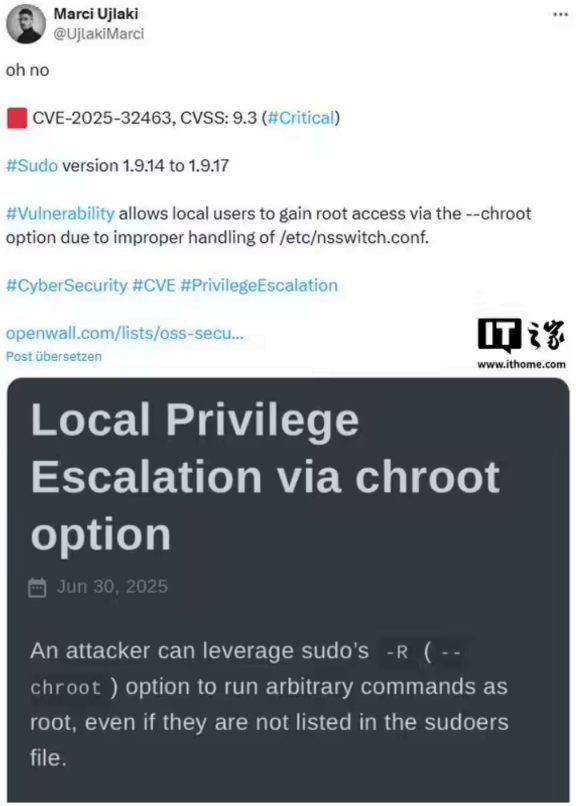 Linux sudo 高危漏洞(CVE-2025-32463)修复:可提权至 root 权限