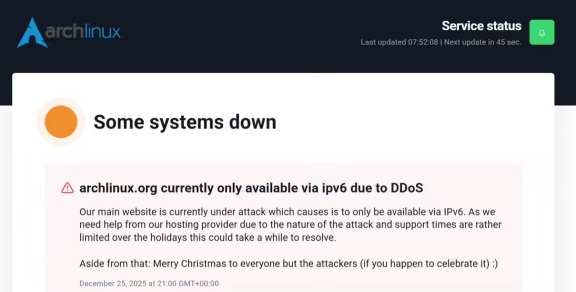 开源社区的圣诞危机：Arch Linux官网再遭DDoS，IPv6成唯一“生命线”