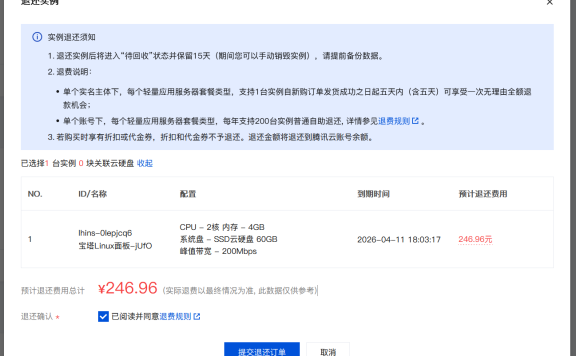 最终还是把腾讯云轻量应用服务器-锐驰型给退了