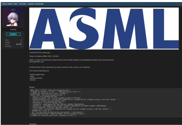 暗网曝ASML疑遭数据泄露，154个数据库文件被公开