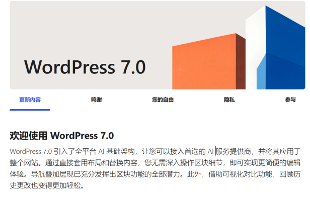 WordPress 7.0 重磅发布:AI 原生架构、可视化修订、性能大提升!站长如何借势优化网站安全?
