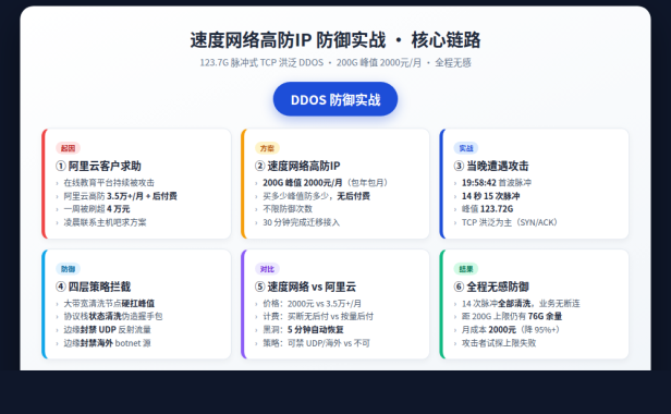 实战:速度网络高防IP成功防御 123.7G 脉冲式 DDOS 攻击,阿里云用户 2000元/月迁移实录